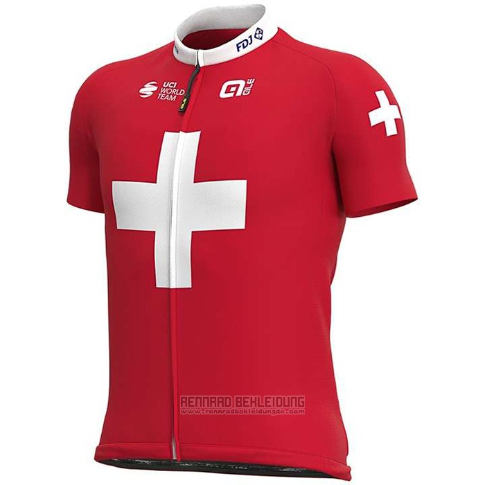 2020 Fahrradbekleidung Groupama-FDJ Champion Schweiz Trikot Kurzarm und Tragerhose - zum Schließen ins Bild klicken
